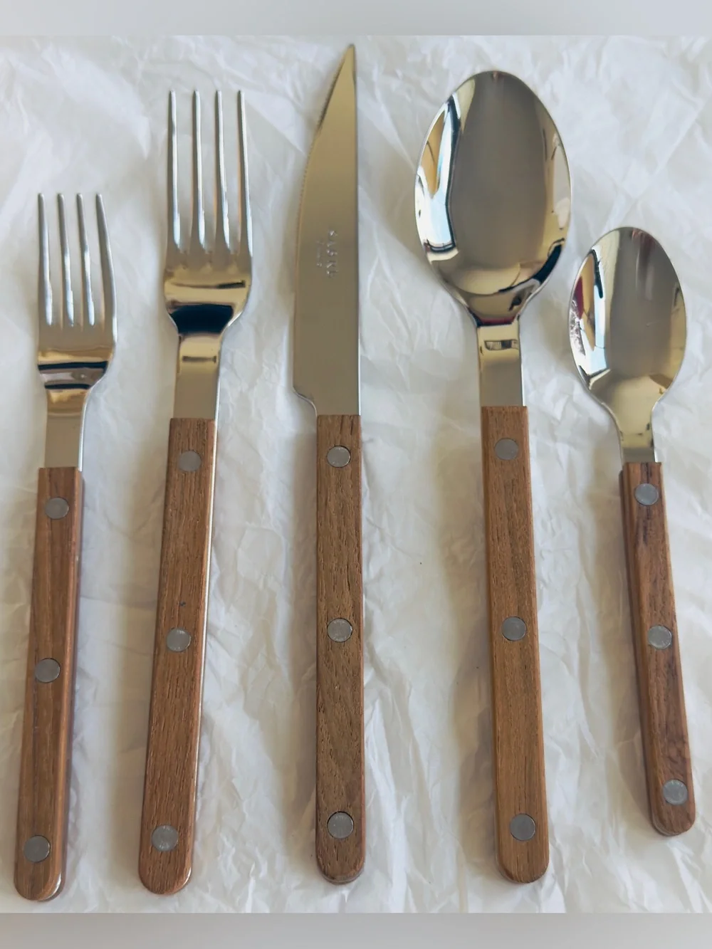 Sabre Paris Bistrot Teak Wood Flatware 20 pc Set, New in Open Boxes, Retail $479
